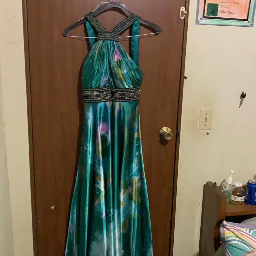 Green/multicolored prom dress, size 8